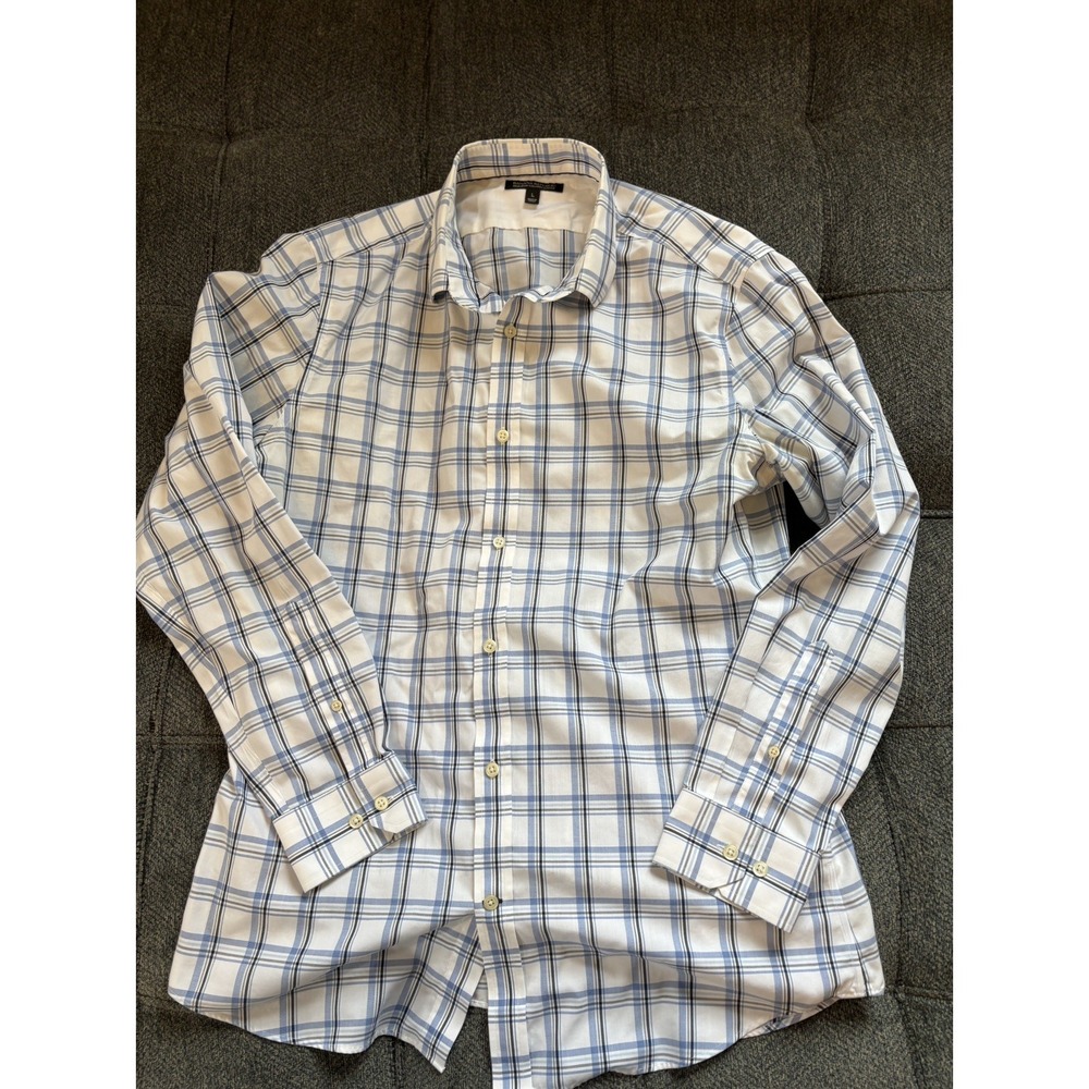 Banana Republic Button Down Shirt Mens L  White & Blue Plaid Non-Iron Slim Fit